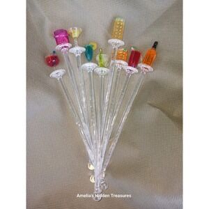 Mixed Drinks Happy Hour Acrylic Cocktail Swizzle Sticks - Set of 9 Stirrers